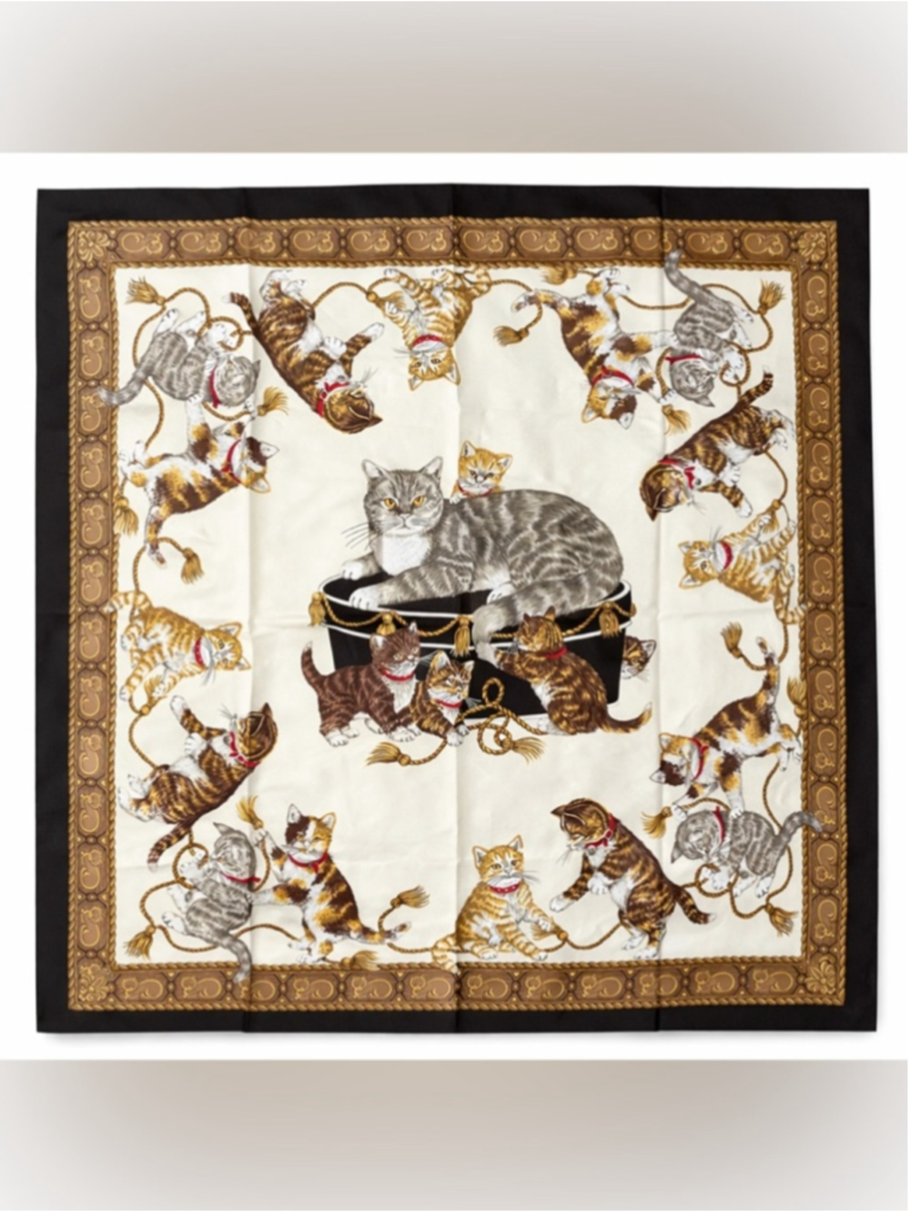 Cat Print Silk Style Scarf Neutral Kitten Square Designer-Inspired Pet Scarf